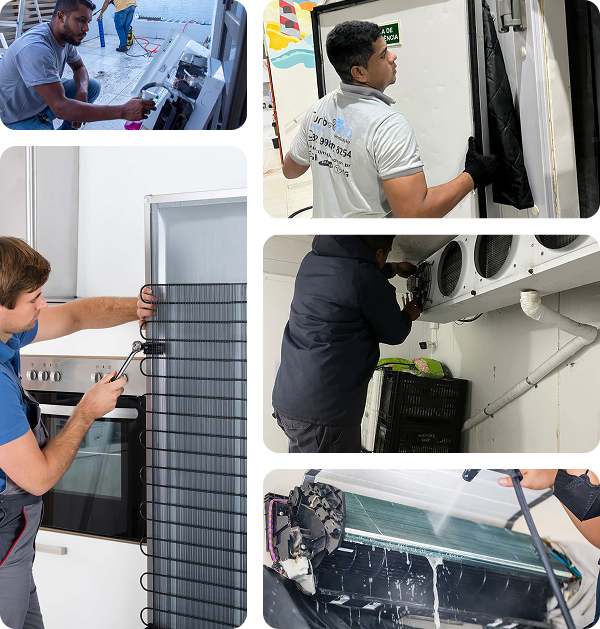 Profissionais reparando sistemas de climatização e de refrigeração